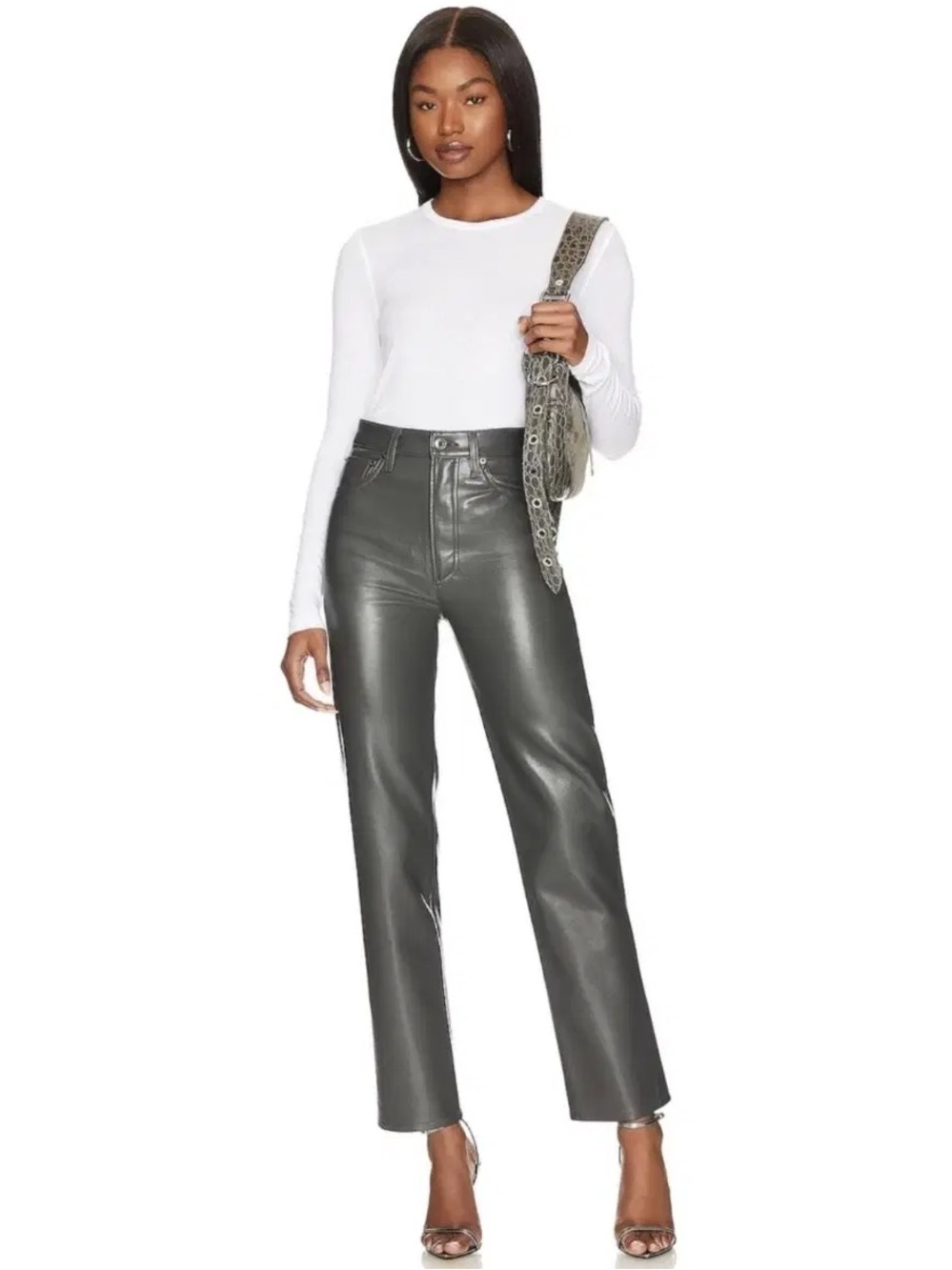 $378 AGOLDE Marker Gray Recycled Leather 90s Pinch Waist Pants, Size 28